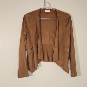 Cache Faux Suede Open Front Cropped Jacket Size 36 Camel